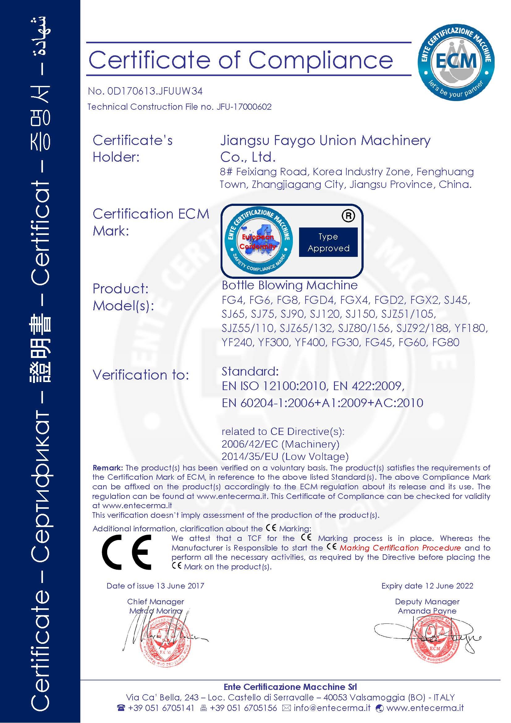 China Jiangsu Faygo Union Machinery Co., Ltd. Certificaten
